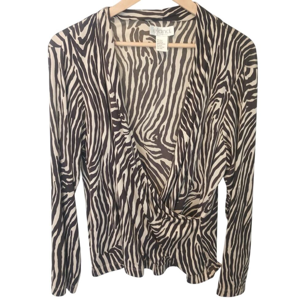 elana by TANNER Silk Brown Tan Zebra Print Wrap LS Blouse Large 18